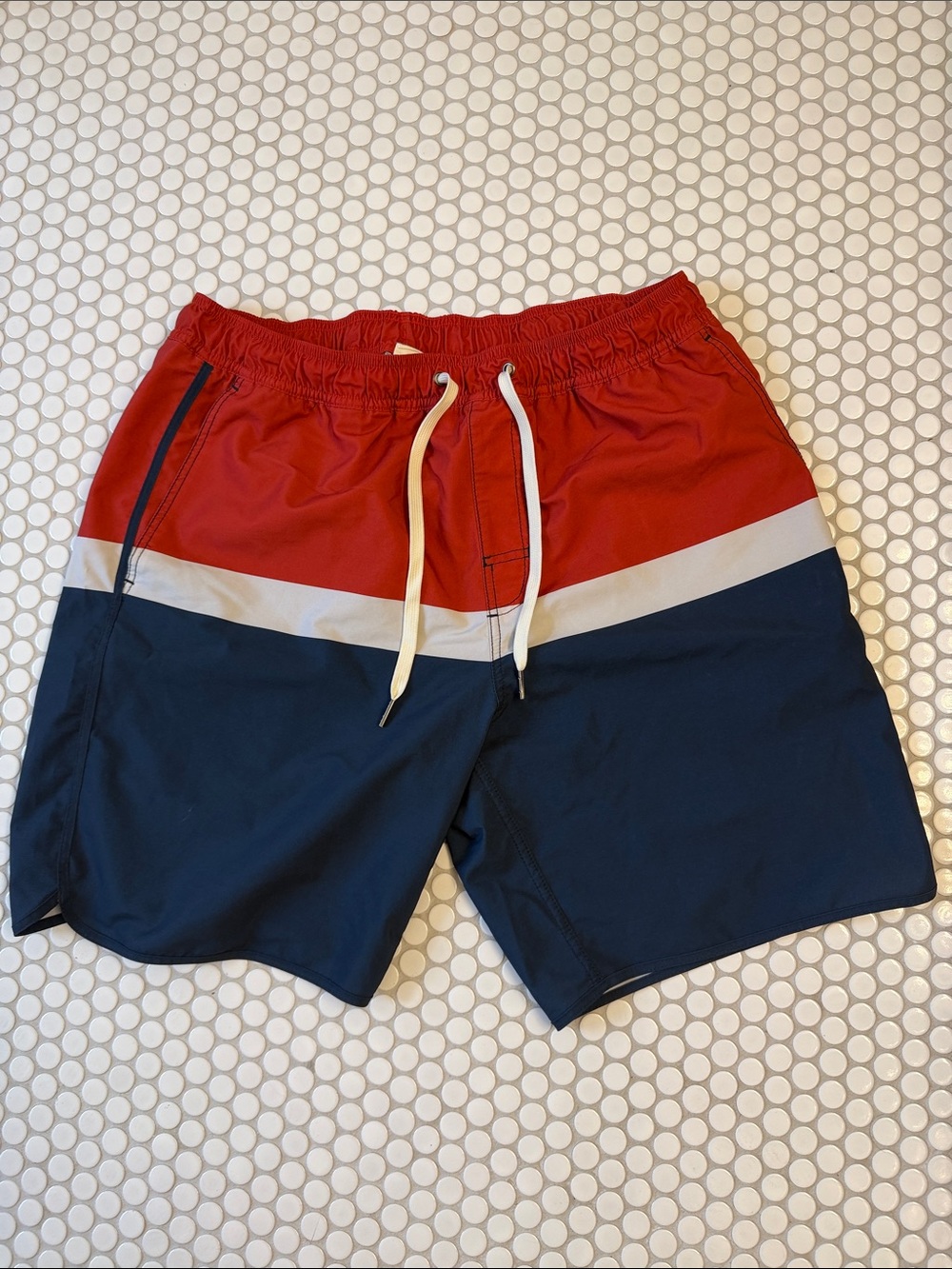 Men's Fair Harbor Red & Navy Colorblock lined Swim Trunks with Drawstring